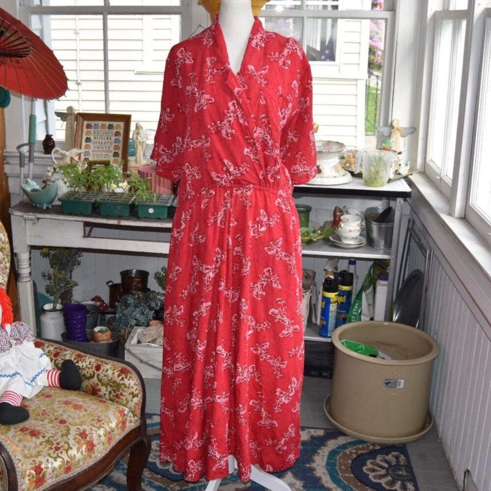 Vintage 90s Rayon SK & Company Shirtwaist Dress Red White Scroll Print Midi L